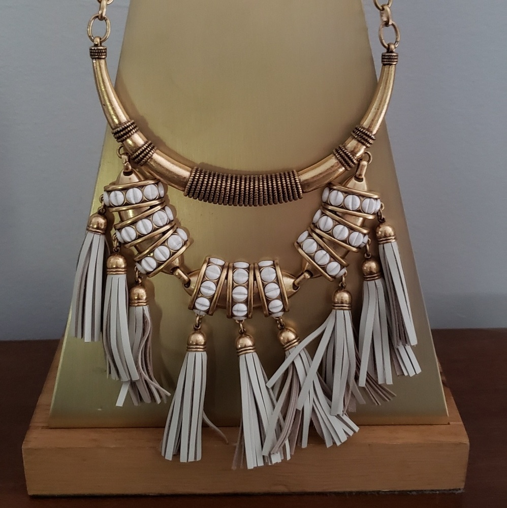 Stella and Dot tribal leather tassel necklace